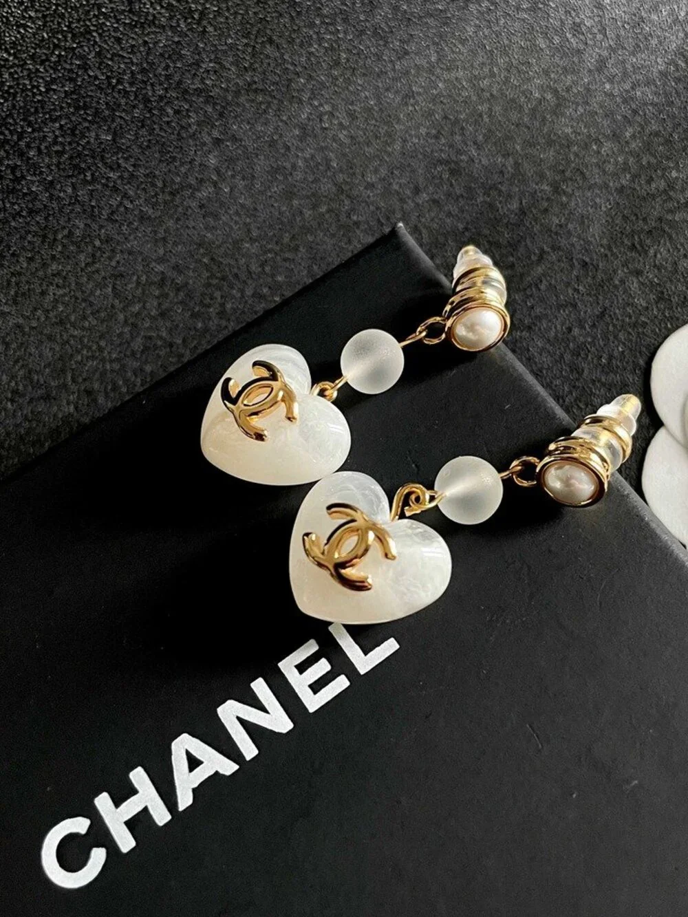 Chanel White Frosted Heart CC Pearl Chain Drop Dangle Earrings Pair Designer Pie